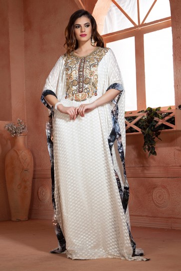 Graceful White Crepe and Brasso Embroidered Eid Special Kaftan