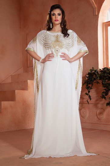 Embroidered White Crepe and Georgette Kaftan