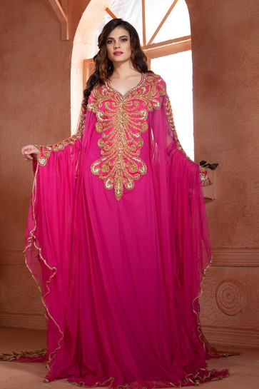 Pretty Magenta Net and Crepe Embroidered Kaftan