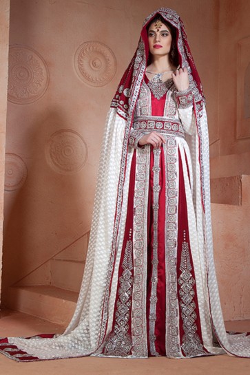 Lovely Off White and Maroon Crepe, Georgette, Silk and Brasso Eid Special Kaftan