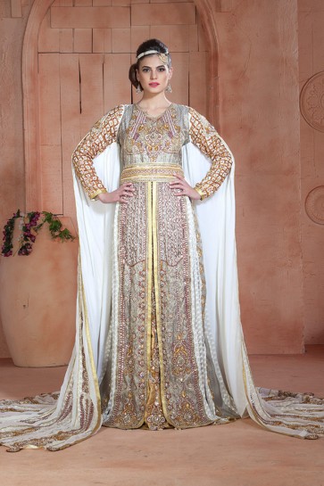 Embroidered Golden and White Brasso and Crepe Embroidered Kaftan