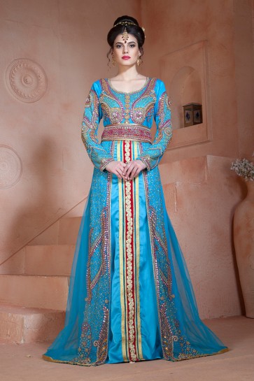 Marvelous Sky Blue Velvet, Net and Silk Embroidered Eid Special Kaftan