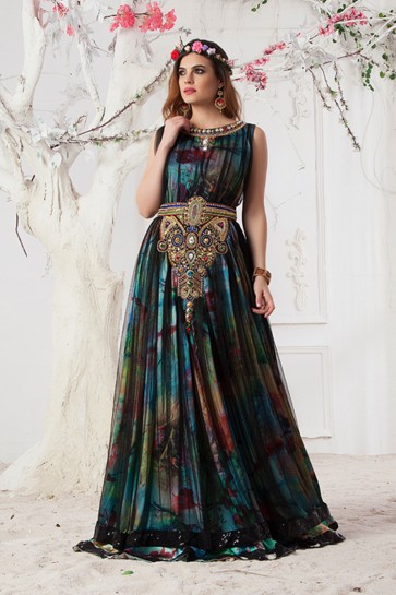 Beautiful Black and Multi Color Satin and Net Party Wear Kaftan