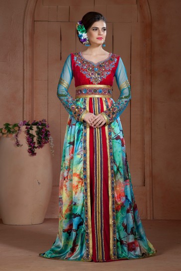 Multi Color Satin, Net and Velvet Embroidered Kaftan