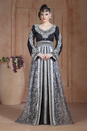 Grey and Black Georgette, Crepe and Brasso Embroidered Eid Special Kaftan
