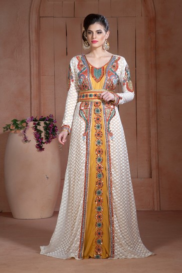 Stylish Golden and Off White Brasso and Crepe Embroidered Kaftan