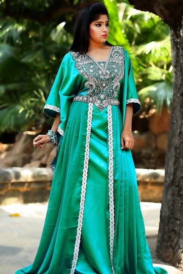 Graceful Green Silk, Crepe and Satin Embroidered Eid Special Kaftan