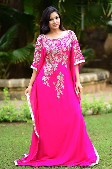 Charming Pink Crepe and Georgette Embroidered Kaftan