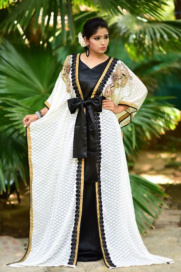 Black and Off White Satin and Brasso Embroidered Kaftan