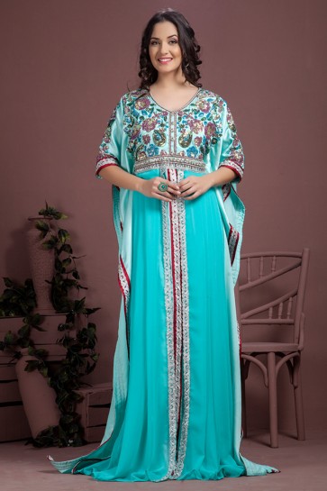 Pretty Sky Blue Satin, Crepe and Georgette Embroidered Kaftan