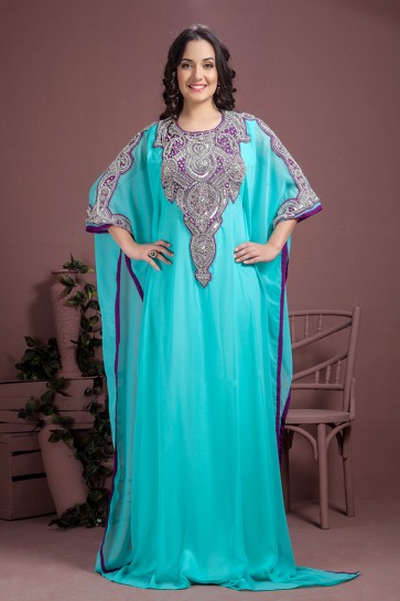 Embroidered Sky Blue Georgette and Crepe Embroidered Kaftan