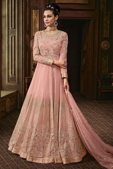 Embroidered Pink Georgette Eid Special Anarkali Salwar Suit With Net Dupatta