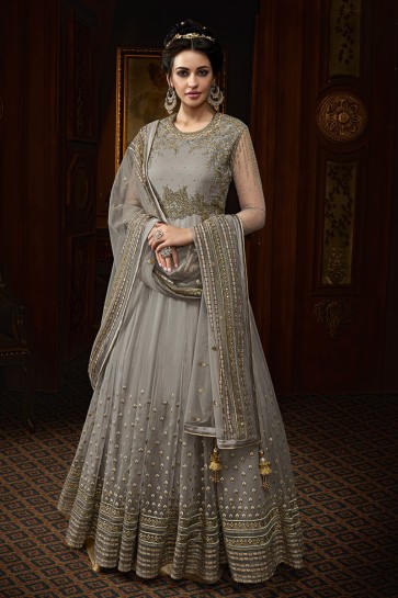 Lovely Grey Net Embroidered Anarkali Pakistani Salwar Suit With Net Dupatta