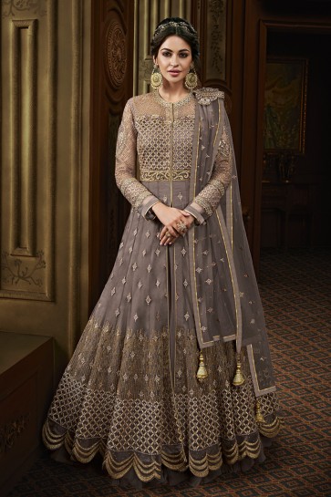 Grey Net Embroidered Anarkali Salwar Suit With Net Dupatta