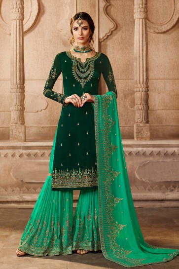 Kritika Kamra Embroidered Green Satin and Georgette Pakistani Sharara Palazzo Salwar Suit With Georgette Dupatta