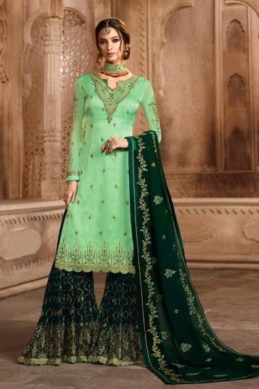 Kritika Kamra Charming Green Satin and Georgette Embroidered Sharara Palazzo Salwar Suit With Georgette Dupatta