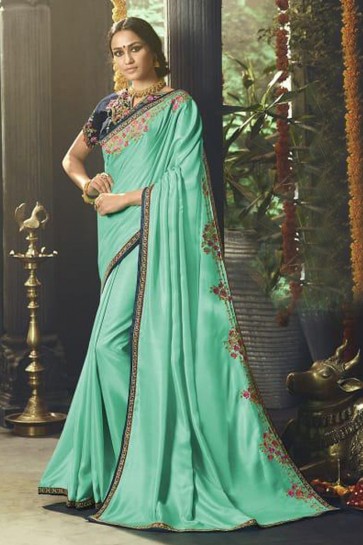 Turquoise Silk Party Wear Embroidered Saree With Banglori Silk Blouse