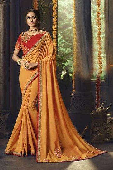 Charming Mustard Party Wear Embroidered Saree With Banglori Silk Blouse