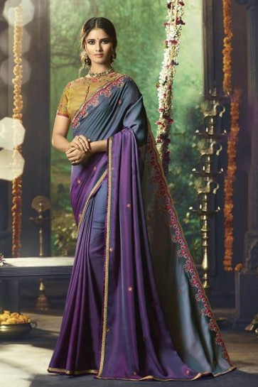 Ultimate Grey Silk Party Wear Embroidered Saree With Banglori Silk Blouse