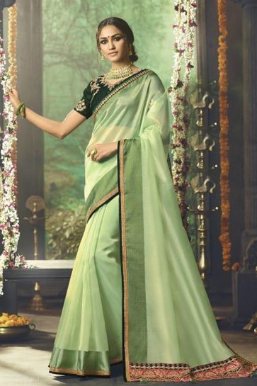 Embroidered Green Silk Party Wear Saree With Banglori Silk Blouse