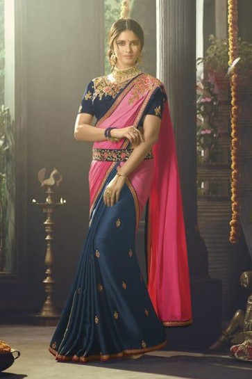 Navy Blue Silk Party Wear Embroidered Saree With Banglori Silk Blouse