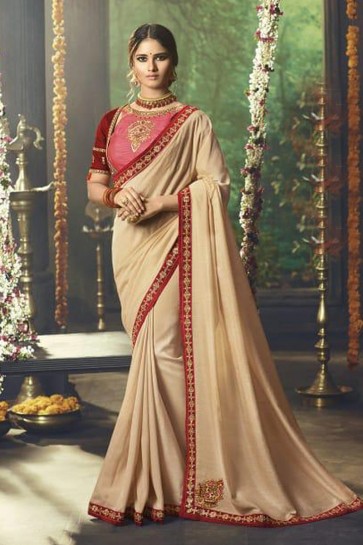 Embroidered Cream Party Wear Saree With Banglori Silk Blouse