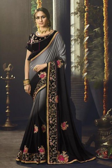 Grey and Black Silk Party Wear Embroidered Saree With Banglori Silk Blouse