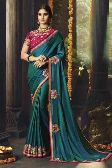 Ultimate Teal Silk Party Wear Embroidered Saree With Banglori Silk Blouse