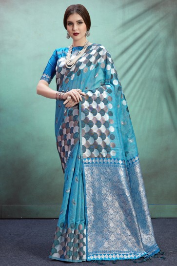 Gorgeous Banarasi Art Silk Fabric Sky Blue Weaving Work And Jacquard Work Saree And Blouse