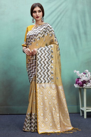 Banarasi Art Silk Fabric Yellow Jacquard Work And Weaving Work Stylish Saree And Blouse