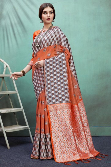 Jacquard Work And Weaving Work Orange Banarasi Art Silk Fabric Designer Saree And Blouse