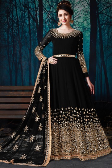 Classic Faux Georgette Black Embroidered And Mirror Work Party Wear Anarkali Suit With Chiffon Dupatta