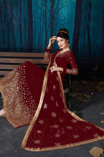 Engagement Wear Maroon Gorgeous Faux Georgette Embroidered And Mirror Work Anarkali Suit