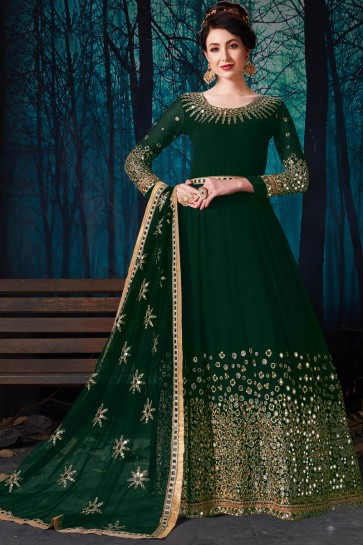 Green Party Wear Embroidered And Mirror Work Charming Faux Georgette Anarkali Suit With Chiffon Dupatta