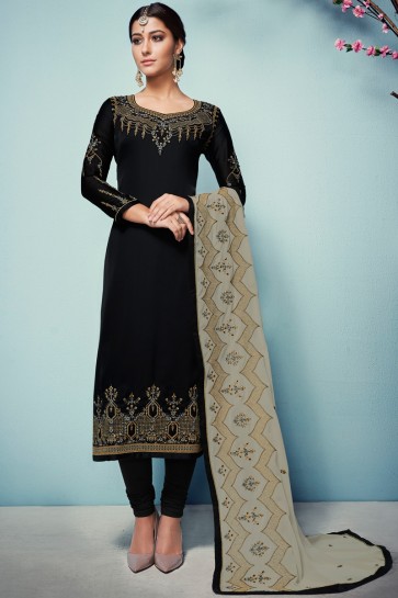 Marvelous Black Embroidered Georgette Satin Salwar Suit With Georgette Dupatta
