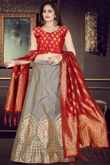 Supreme Jacquard Work Red And Grey Banarasi Silk Lehenga Choli And Dupatta