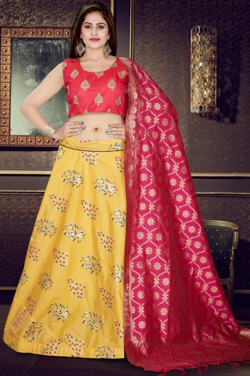 Stylish Pink And Yellow Banarasi Silk Designer Lehenga Choli And Dupatta