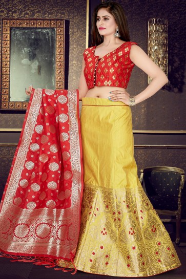 Admirable Banarasi Silk Red And Yellow Lehenga With Jacquard Work Blouse