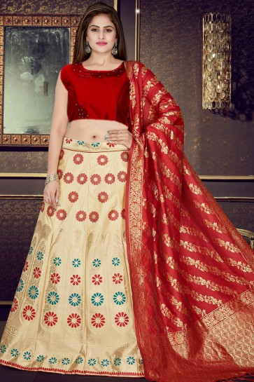Party Wear Stylish Red And Cream Jacquard Work Lehenga With Stone Work Blouse