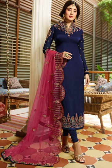 Kritika Kamra Stone Work Navy Blue Georgette Satin Salwar Suit With Net Dupatta