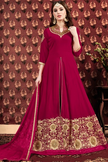 Magenta Stone And Embroidery Work Faux Georgette Anarkali Suit With Net Dupatta