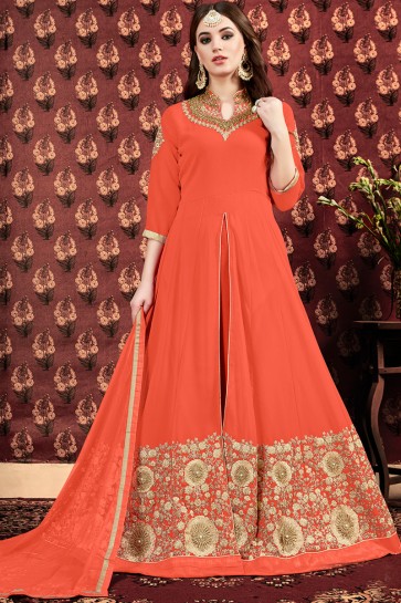 Gorgeous Embroidered And Zari Work Orange Faux Georgette Anarkali Suit And Dupatta