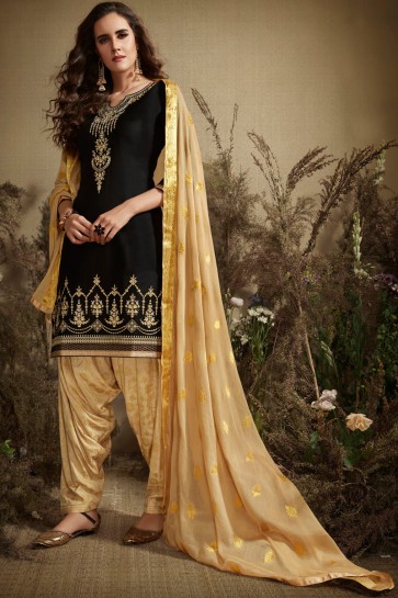 Black Cotton And Silk Embroidered Patiala Suit With Nazmin Dupatta