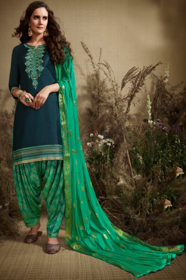 Gorgeous Jacquard Work Turquoise Cotton Patiala Suit With Nazmin Dupatta