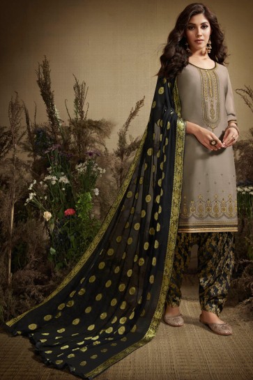 Ultimate Grey Embroidered Silk Patiala Suit With Nazmin Dupatta