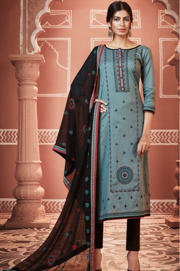 Gorgeous Embroidered Blue Cotton Fabric Casual Salwar Suit With Nazmin Dupatta