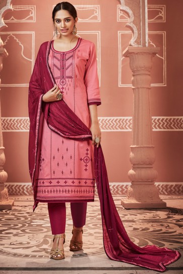 Ultimate Peach Cotton Embroidered Casual Salwar Suit With Nazmin Dupatta