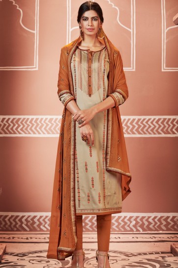 Gorgeous Embroidered Beige Pakistani Casual Salwar Kameez And Cotton Bottom