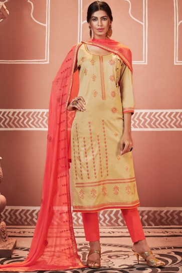 Excellent Embroidered Cream Cotton Casual Salwar Suit With Nazmin Dupatta