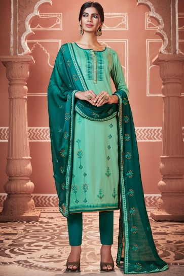 Pretty Embroidered Cotton Turquoise Casual Salwar Suit With Nazmin Dupatta